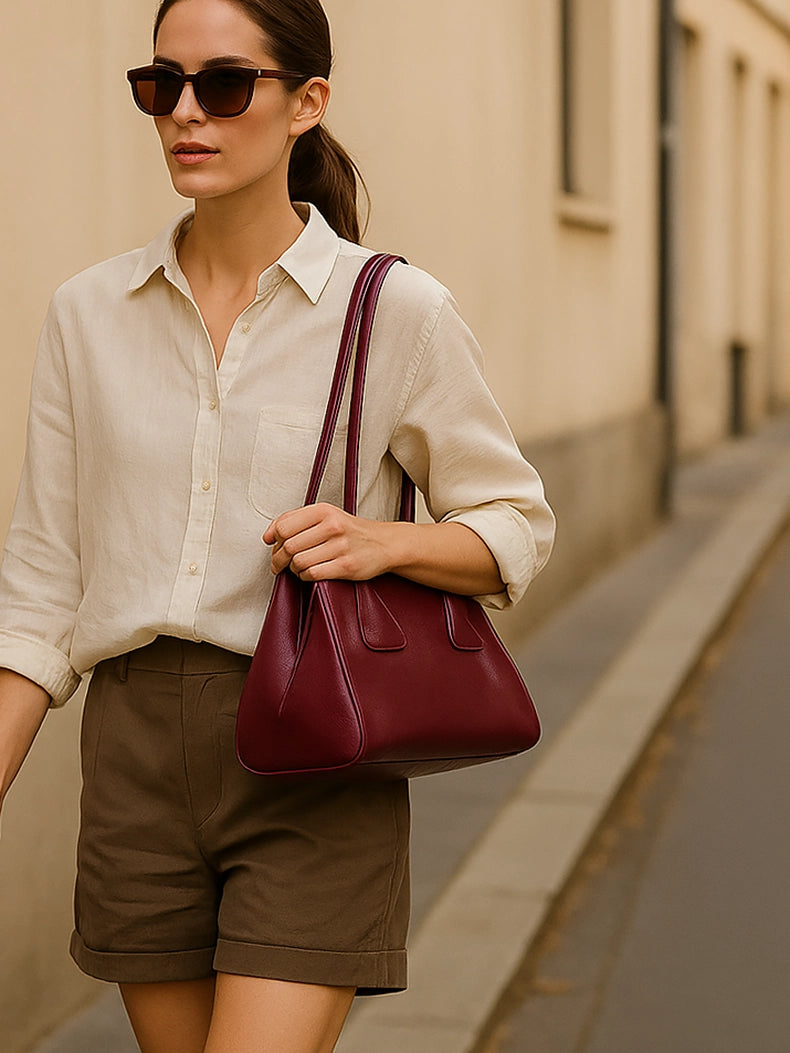 Burgundy Structured Shoulder Bag – Geometric Leather Tote for Work & Daily Wear