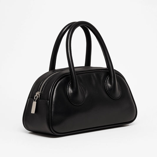 Black Leather Dome Top Handle Bag – Minimalist Shoulder & Handheld Boston Style for Everyday Elegance