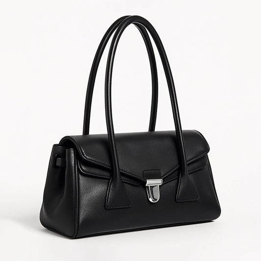 Structured Black Baguette Bag – Dual Strap Leather Shoulder Handbag