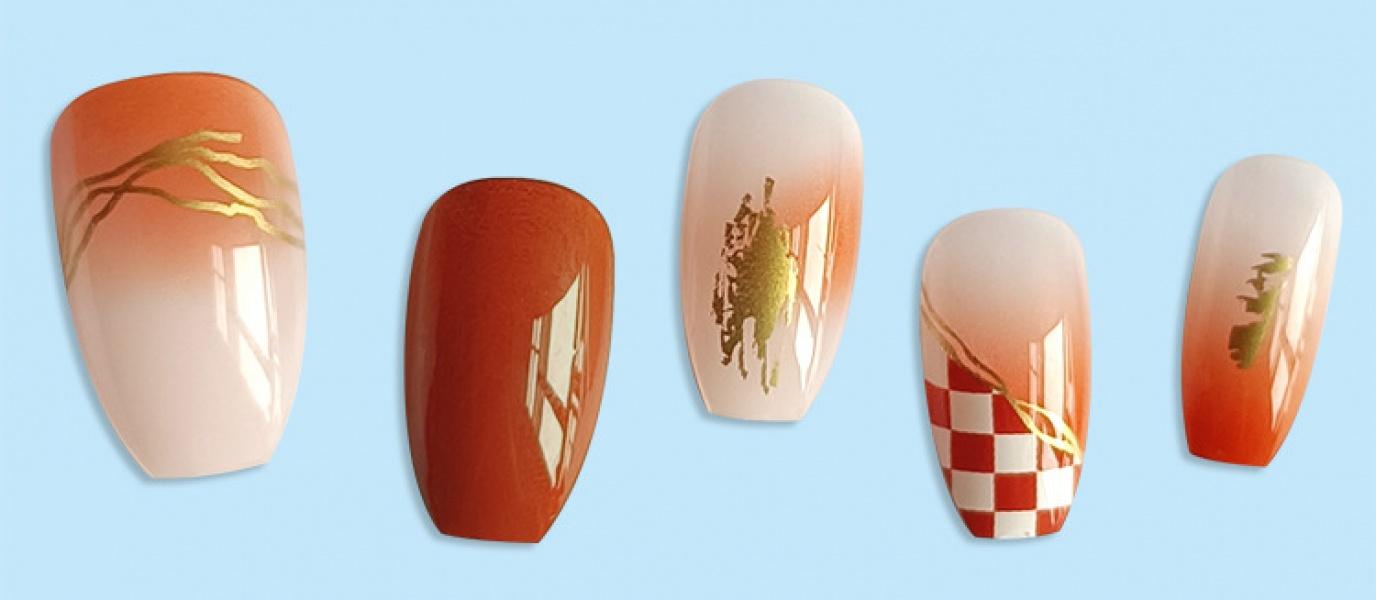 86 Golden Edge Jelly Glue Nail Tips Brown Sugar Umber Fake Nail Patch Chessboard Wear Short Nail