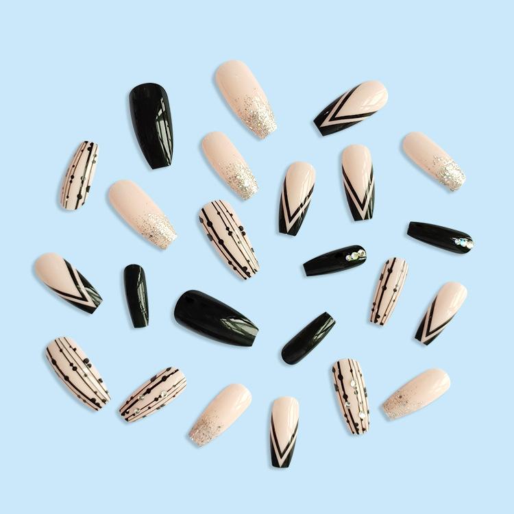 91 New V-Type Glitter Spot Drill Coffin Nail Long Wearable Fingernail Nail Tip Finished Nails