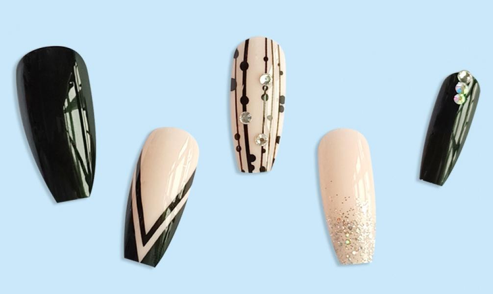 91 New V-Type Glitter Spot Drill Coffin Nail Long Wearable Fingernail Nail Tip Finished Nails