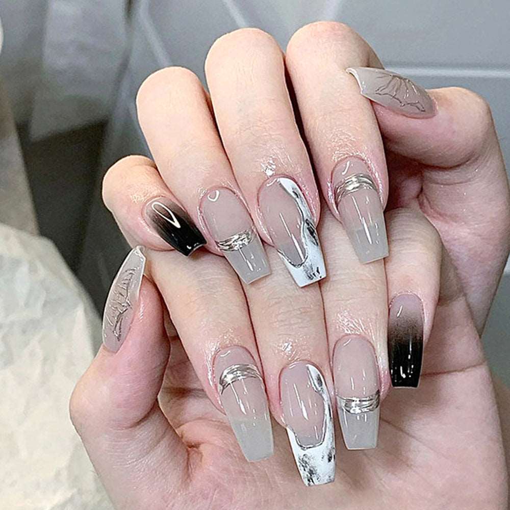 85 Cold Gray Gradient Color Wear Armor Longa Butterfly Jelly Glue Nail Tips Marbling Nail Shaped Piece