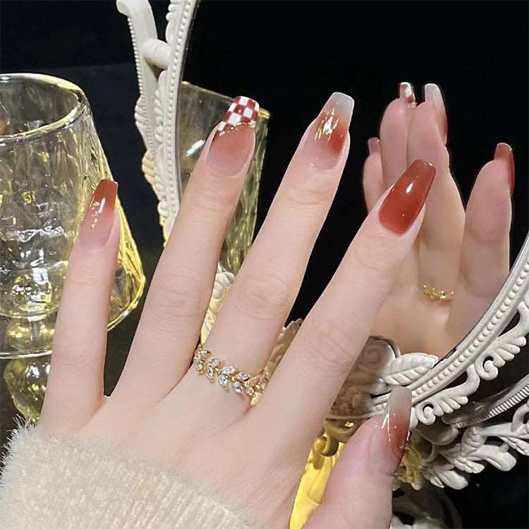 86 Golden Edge Jelly Glue Nail Tips Brown Sugar Umber Fake Nail Patch Chessboard Wear Short Nail