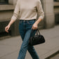 Black Leather Dome Top Handle Bag – Minimalist Shoulder & Handheld Boston Style for Everyday Elegance