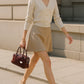 Mahogany Charm – Double-Zip Leather Tote with Smiling Petal Detail