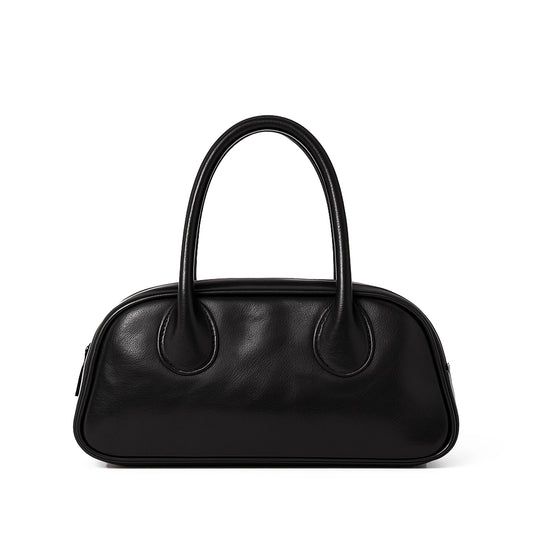 Black Leather Dome Top Handle Bag – Minimalist Shoulder & Handheld Boston Style for Everyday Elegance