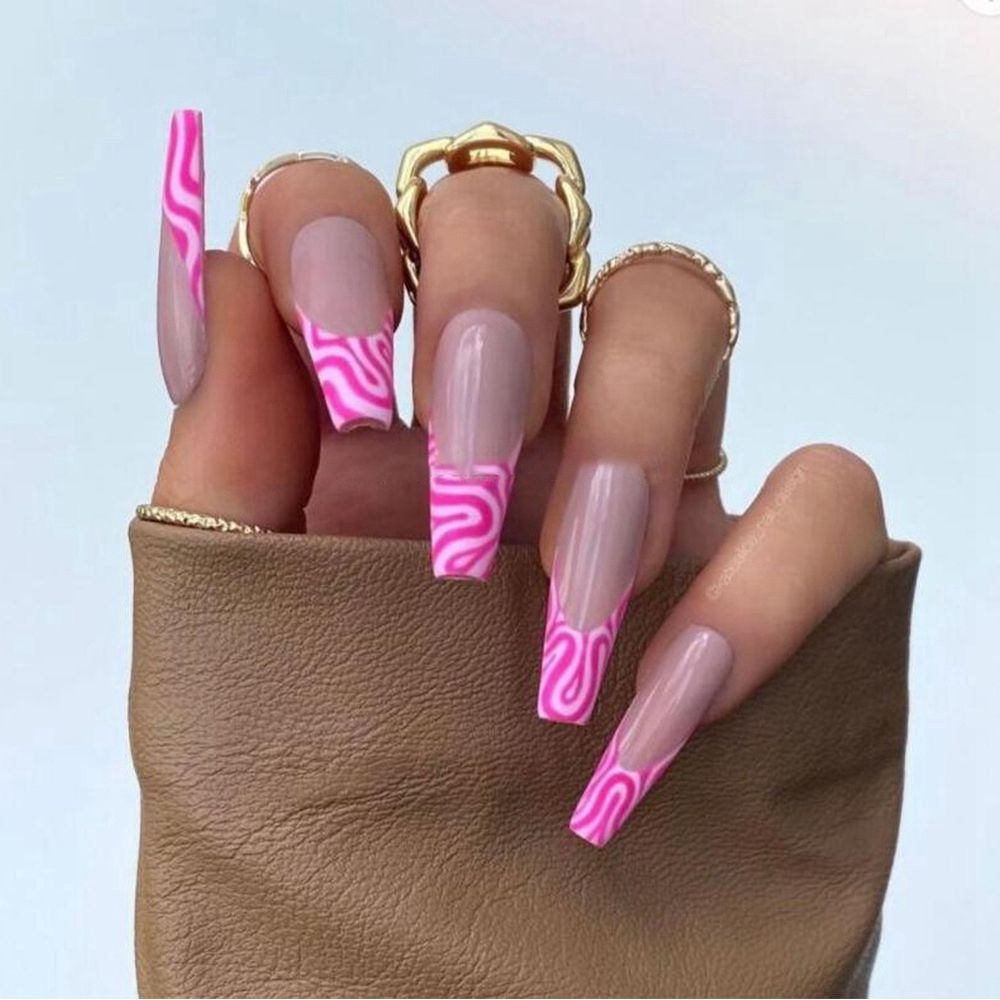 Pink Cow Design False Nail French Full Cover Long Coffin Fake Nails Glue DIY Manicure Nail Art Tools Press on Nails Nail Tips