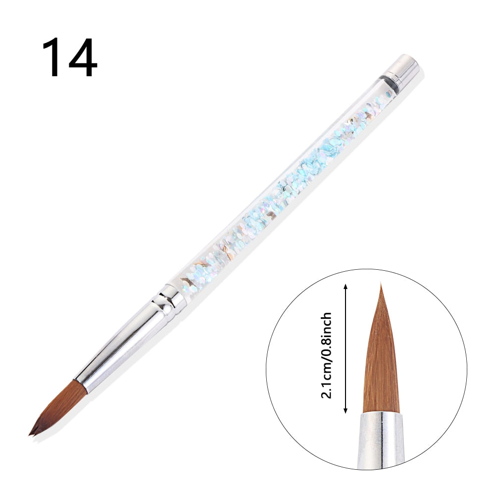 New Glitter Handle Nail Art Brush for Acrylic Powder 100% Nylon Manicure Acrylic Nails Round Nail Art Brush With Liquid 7 Sizes