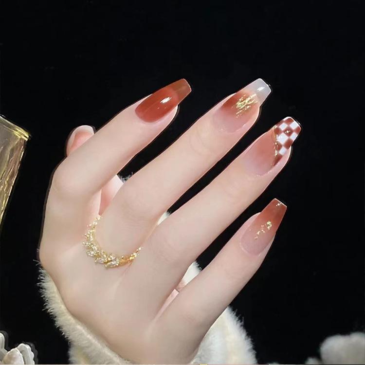 86 Golden Edge Jelly Glue Nail Tips Brown Sugar Umber Fake Nail Patch Chessboard Wear Short Nail