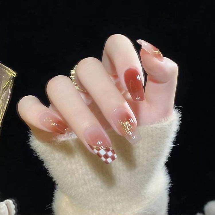 86 Golden Edge Jelly Glue Nail Tips Brown Sugar Umber Fake Nail Patch Chessboard Wear Short Nail