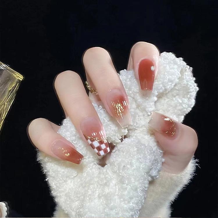 86 Golden Edge Jelly Glue Nail Tips Brown Sugar Umber Fake Nail Patch Chessboard Wear Short Nail