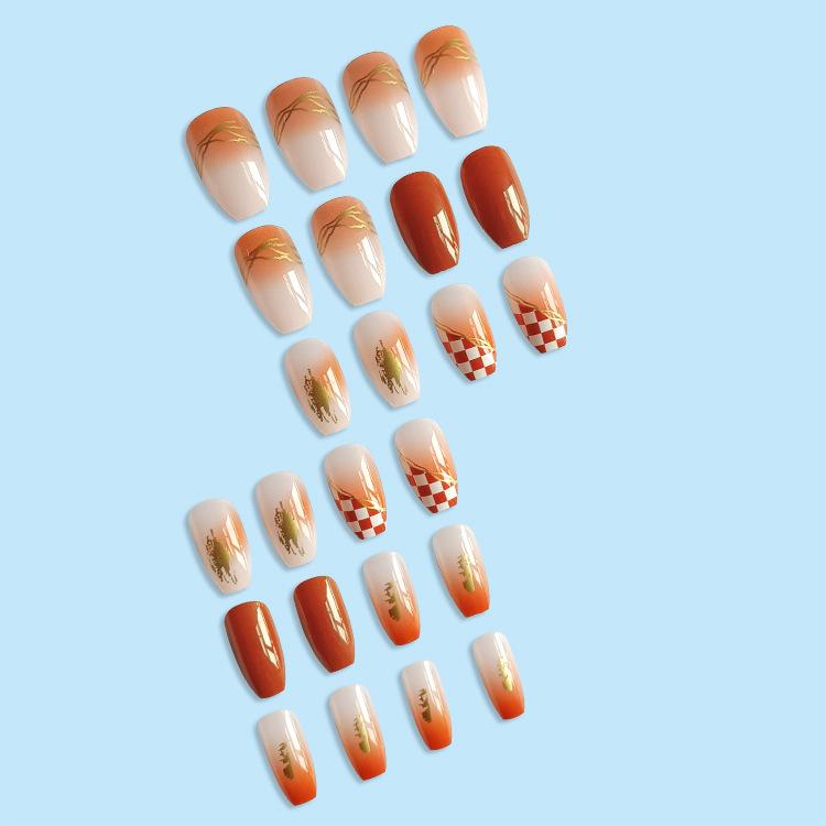 86 Golden Edge Jelly Glue Nail Tips Brown Sugar Umber Fake Nail Patch Chessboard Wear Short Nail