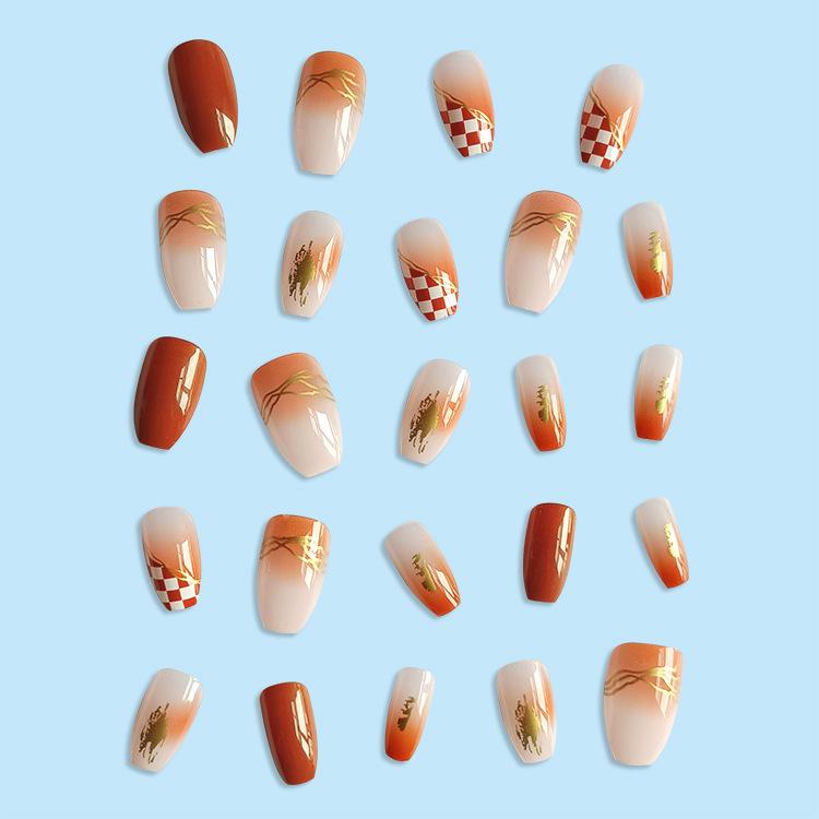 86 Golden Edge Jelly Glue Nail Tips Brown Sugar Umber Fake Nail Patch Chessboard Wear Short Nail