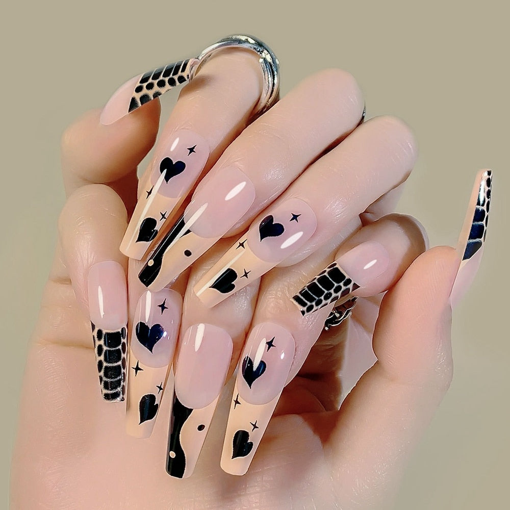 Pink Cow Design False Nail French Full Cover Long Coffin Fake Nails Glue DIY Manicure Nail Art Tools Press on Nails Nail Tips